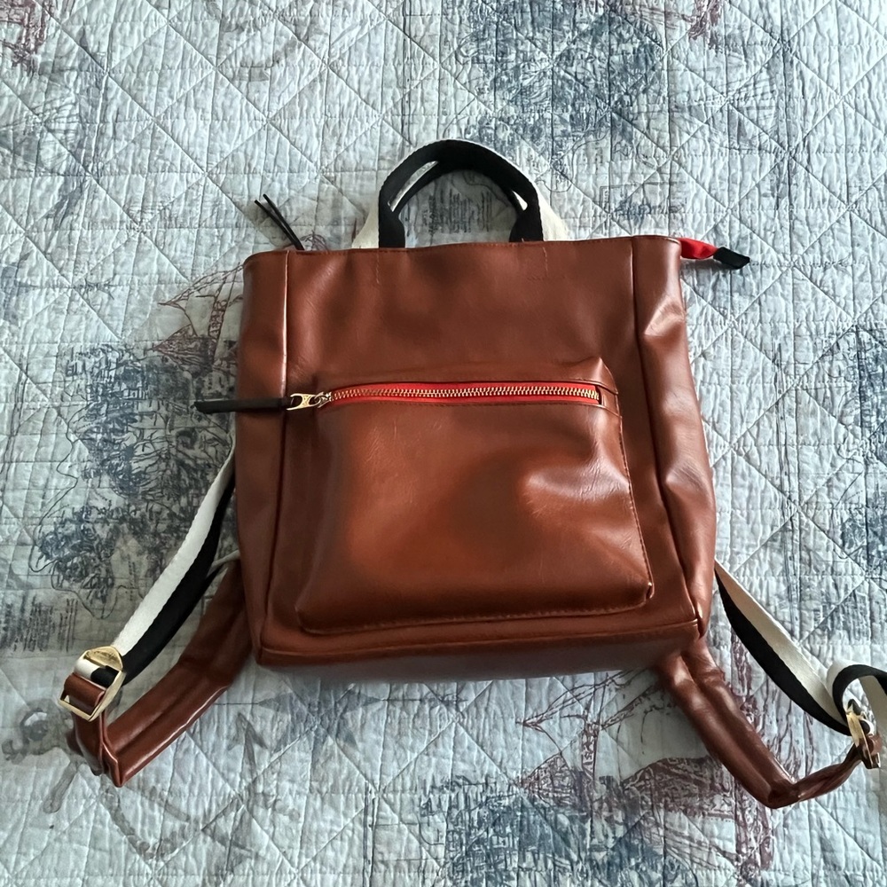 Brown Leather Mini  Backpack with Red Accents